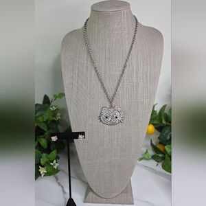 Chunky Rhinestone Hello Kitty Medallion Necklace and Stud Earring Set